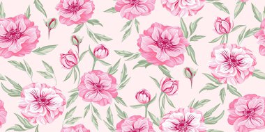 Sanatsal bahar pastel pembe çiçekler ve pürüzsüz desenler. Vektör el Ranunculus, Trollius Asiatic us flower, Globe flower 'ı çizdi. Tasarım, tekstil, moda, baskı, yüzey tasarımı, iç dekorasyon, duvar kağıdı şablonu
