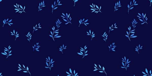 The trendy leaves pattern is randomly scattered. Tiny blue foliage on a dark blue  background. Vector hand drawn. Template for design, fabric, fashion, wallpaper