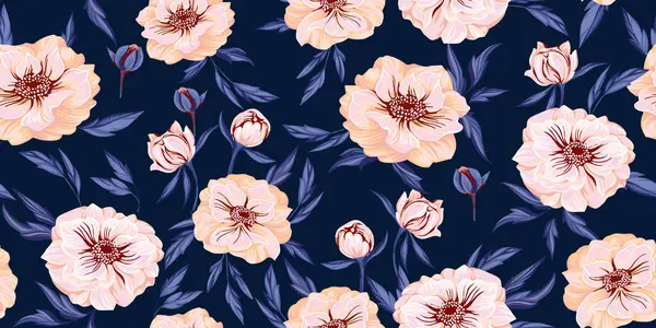 Grafik bahar çiçekleri ve yapraklarıyla kusursuz desen. Ranunculus, Trollies Asyalı çiçeği, Globe çiçek vektör eli çizilmiş. Tekstil, moda, baskı, yüzey tasarımı, iç dekorasyon, duvar kağıdı şablonu