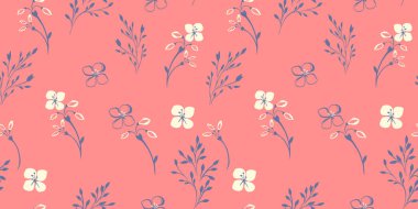 Şekil dalları çiçeklerle renklendirilmiş basit desen. Turuncu arka planda canlı, soyut bir çiçek deseni. Vektör el çizimi. Moda, kumaş, duvar kağıdı için tasarım.