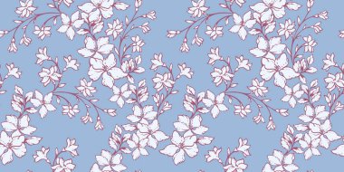 Sanatsal, yaratıcı dallar birbirine sarılı, kusursuz bir desen içinde çiçek açar. Mavi arka planda nazikçe pastel çiçekleri. Vektör el çizimi. Moda, kumaş, duvar kağıdı için tasarım.