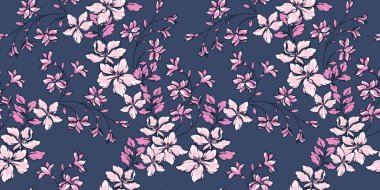 Çiçeklerin açtığı dalların kusursuz güzel bir çizimi. Vektör el çizildi. Koyu bir arka planda sanatsal stilize çiçek. Moda, kumaş, duvar kağıdı için tasarım.