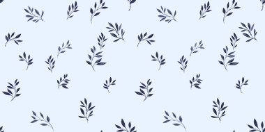 İnce dalları olan zarif, basit bir desen. Şekillendirilmiş siyah yaprak beyaz arkaplanda saplanır. Vektör el çizimi. Moda, kumaş, duvar kağıdı için tasarım.