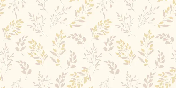 Basit, pürüzsüz desenli, şekilli küçük dallı yapraklar, damlalı tomurcuklar. Pastel kibarca bej çiçekli iz. Vektör el çizimi. Moda, kumaş, duvar kağıdı için tasarım.