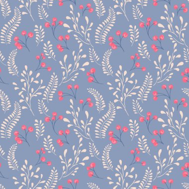 Yaratıcı böğürtlen dalları ve yaprakları olan mavi pastel, pürüzsüz bir desen. Vektör el çizimi. Çiçek yaprağı saplı basit bir geçmişe dönüş. Moda, kumaş, duvar kağıdı için tasarım.