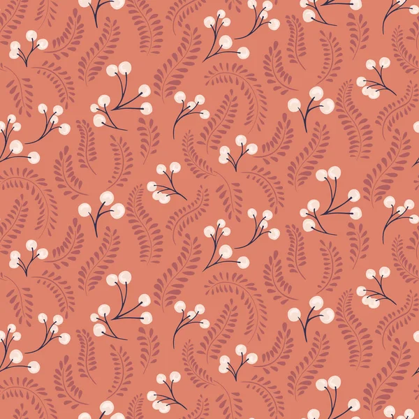 Yaratıcı böğürtlen dalları ve yaprakları turuncu bir sırta saplanmış. Vektör el çizimi. Çiçekli yaprak dalları ve damlaları olan basit bir arka plan. Moda, kumaş, duvar kağıdı için tasarım.