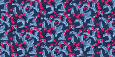 Şekillendirilmiş, yaratıcı dal dalları ve böğürtlenlerle süslenmiş parlak, pürüzsüz bir desen. Vektör el çizildi. Tasarım, tekstil, yüzey tasarımı, moda, duvar kağıdı şablonu