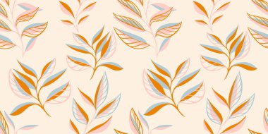 Elle çizilmiş vektör sapı yapraklı kusursuz desen. Basit, tropikal, minimalist yaprak izleri. Tasarım, tekstil, moda, baskı, yüzey tasarımı, kumaş şablonu