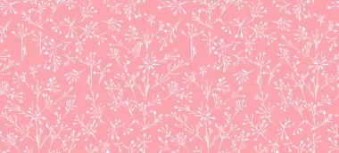 Soyut, minimalist, çağdaş çiçek sapları kusursuz desen. Vektör el çizimleri, siluetler, şekiller, noktalar ve çizgiler. Pembe arka planda basit küçük dallar.