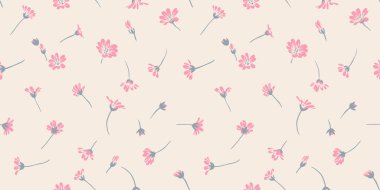 Kusursuz, sanatsal, basit, nazikçe papatya çiçeği deseni. Vektör el, bej arka planda minik dallar çizer. Kumaş, iç dekorasyon, tekstil, kumaş, duvar kağıdı için tasarım süsü 