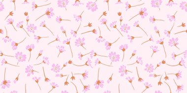 Kusursuz, küçük, soyut, hafif bir arka planda pembe çiçek deseni. Vektör el çizimi. Tasarım, kumaş, iç dekorasyon, tekstil, moda, duvar kağıdı şablonu