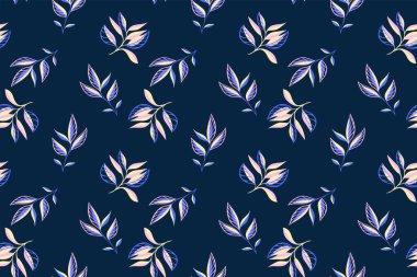 Kusursuz, küçük, soyut dallar iz bırakır. Vektör el çizildi. Koyu mavi arka planda retroskopi yaprağı. Tekstil, moda, baskı, yüzey tasarımı, kumaş şablonu, 