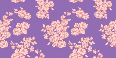 Sanatsal buketler çiçekleri kusursuz desenli yapar. Mor bir arka planda çiçek deseni var. Vektör el çizildi. Tekstil, moda, baskı, yüzey tasarımı, kumaş, iç dekorasyon için şablon