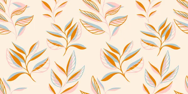 Elle çizilmiş vektör sapı yapraklı kusursuz desen. Basit, tropikal, minimalist yaprak izleri. Tasarım, tekstil, moda, baskı, yüzey tasarımı, kumaş şablonu