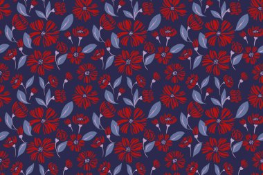 Parlak moda çiçekler ve koyu mavi arka planda lekesiz desenler bırakıyor. Vektör el çizimi. Basit, soyut bir çiçek tarağı izi. Moda, tekstil, kumaş, duvar kağıdı için tasarım