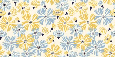 Kusursuz, soyut şekilli, küçük çiçek desenli. Vektör el çizimi. Açık renk sırt izi üzerinde sade mavi papatya çiçeği. Yaz ya da bahar geçmişi. Moda, tekstil, kumaş, duvar kağıdı için tasarım