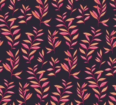 Kusursuz desenli, soyut, yaratıcı, renkli yaprak saplı. Burgonya yeşilliği, siyah arka planda yaprak dalları. Vektör el çizimi. Kumaş, moda, duvar kağıdı, baskı için tasarım