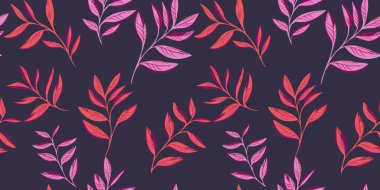 Son moda yaprakların gövdesi, yaprak deseni rastgele koyu bir sırta saçılmış. Yaratıcı, sanatsal, renkli, tropikal, kusursuz arka plan izi. Vektör el çizimi. Tasarım, tekstil, moda, baskı, kumaş, duvar kağıdı şablonu