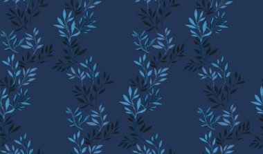 Nazikçe sarılmış yapraklar, pürüzsüz bir desen. Vektör el çizimi. Monoton koyu mavi yaprak sapları. Soyut, modern, küçük yaprak dalları. Tasarım, tekstil, moda, kumaş, yüzey tasarımı, kumaş, duvar kağıdı şablonu