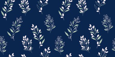Tarzlı vektör el çizimi basit küçük dallar, tomurcuklar, yapraklar, kusursuz desenler. Sanatsal, nazikçe retro çiçekli koyu mavi iz. Tasarım, duvar kağıdı, moda, kumaş, iç dekorasyon için şablon