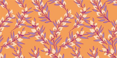 Sanatsal, renkli, küçük tomurcukları, gövdesi, dalları ve yaprakları olan kusursuz, yaratıcı bir desen. Vektör el çizimi. Stilize edilmiş sarı çiçek izi. Tasarım, tekstil, moda, kumaş, iç dekorasyon, duvar kağıdı şablonu,