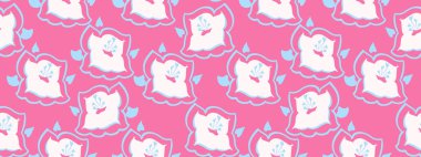 Şekil çiçekleri ve çizgileri olan modaya uygun bir model. Basit pembe çiçekli geometrik dikişsiz arka plan. Vektör el çizimi. Tasarım, moda, iç dekorasyon, tekstil, kumaş, duvar kağıdı şablonu