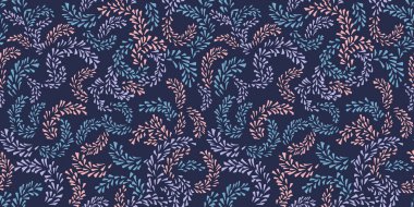 Renkli, dikişsiz, soyut çiçek deseni. Vektör el çizimi. Basit yaratıcı dallar, damla desenli yapraklar. Tasarım, tekstil, kumaş, duvar kağıdı, moda için şablon