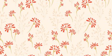 Kusursuz soyut yaz çiçekleri deseni. Vektör el çizimi. Retro basit siluet küçük çiçekler ve dallar. Tasarım, duvar kağıdı, moda, kağıt, kapak, kumaş, iç dekorasyon için şablon