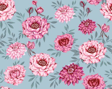 Kusursuz süslenmiş çiçek açan şakayıklar yapraklı tomurcuklar. Sanatsal, klasik, renkli, zarif çiçek desenli. Vektör el çizildi. Tasarım, tekstil, moda, kumaş, iç dekorasyon, duvar kağıdı şablonu