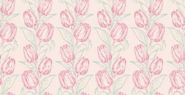 Vektör el çizimi siluetler çiçekler laleler kusursuz desenler. Botanik illüstrasyon. Basit bir çiçek deseni. Tasarım, tekstil, moda, yüzey tasarımı, kumaş, iç dekorasyon, duvar kağıdı şablonu