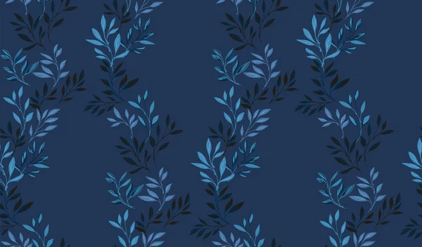 Nazikçe sarılmış yapraklar, pürüzsüz bir desen. Vektör el çizimi. Monoton koyu mavi yaprak sapları. Soyut, modern, küçük yaprak dalları. Tasarım, tekstil, moda, kumaş, yüzey tasarımı, kumaş, duvar kağıdı şablonu