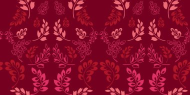 Kusursuz desenler soyut küçük yapraklar dallar, damlalar, süsler. Vektör el çizimi. Basit bir monoton bordo çiçekli duvar halısı. Kumaş, moda, tekstil, duvar kağıdı, yüzey tasarımı için tasarım