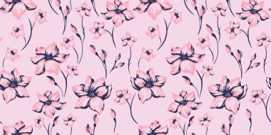 Vektör eli çizilmiş, soyut, basit çiçek deseni. Soyut, pastel pembe fırça çiçek izi. Tasarım, kumaş, moda, tekstil, doku, yüzey tasarımı için şablon
