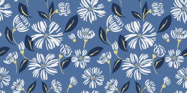 Kusursuz soyut grafik sanatsal papatya çiçekleri ve yaprakları, tomurcuk desenleri. Vektör el çizimi şekli. Mavi arka planda basit bir çiçek tarağı izi. Kumaş, moda, tekstil, duvar kağıdı tasarımı