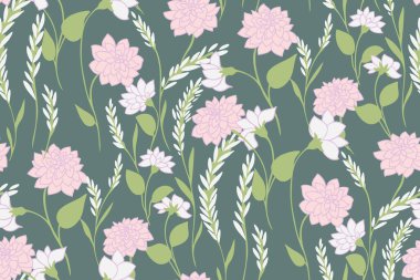 Kusursuz grafik dalları, yapraklar ve küçük çiçekler, tomurcuk desenleri. Vektör el çizildi. Yeşil arka planda soyut sanatsal çiçek. Bahar ya da yaz aylarında çiçek açan çayırlar. Moda, kumaş, duvar kağıdı için tasarım.