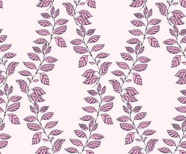 Sanatsal stilize edilmiş dallar arkaplanda pürüzsüz bir desen oluşturmuş. Vektör el çizildi. Soyut tropikal grafikler pembe yaprak sapları. Tekstil, moda, kumaş için tasarım