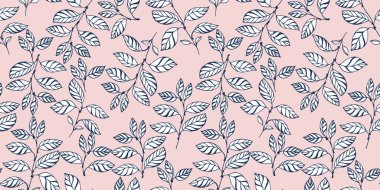 Yaratıcı sanat yaprağı pembe arka planda pürüzsüz bir desen oluşturur. Vektör el çizildi. Şekil dalları olan soyut tropikal arka plan. Tekstil, moda, kumaş için tasarım