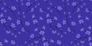 Kusursuz, yumuşak, minik dallar, küçük çiçek desenleri. Monoton parlak mavi çiçekli arka plan. Vektör el çizimi karalama. Tasarım şablonu