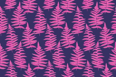 Kusursuz, yaratıcı pembe dallar eğrelti otu deseni bırakır. Vektör el çizimi. Soyut şekilli siluetler, koyu mavi arka planda yaprak sapları. Kumaş, tekstil, moda, duvar kağıdı tasarımı