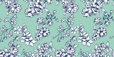 Pek çok çiçek deseninde kusursuz bir şekilde çiçek açıyor. Nazik, zarif, sanatsal bir çiçek deseni. Vektör el çizildi. Tasarım şablonu