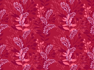 Kusursuz sanatsal desen, vektör eli çizilmiş şekil, siluetler, dallar, yapraklar, gövde. Yaratıcı, modern, bordo, kaliteli çiçek desenli. Tasarım şablonu