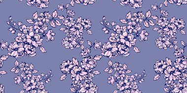 Güzel, çiçek açan sanatsal dallar kusursuz desenler. Vektör el çizildi. Yaratıcı, stilize ışık çiçek desenli mavi bir arka plan. Tasarım, tekstil, moda, kumaş şablonu