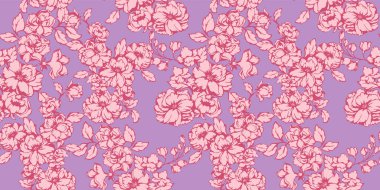 Vektör el, çiçeklerin açtığı dalları pürüzsüz bir şablona sardı. Soyut, sanatsal, basit, mor bir çiçek deseni. Tasarım, tekstil, moda, baskı, yüzey tasarımı, duvar kağıdı şablonu