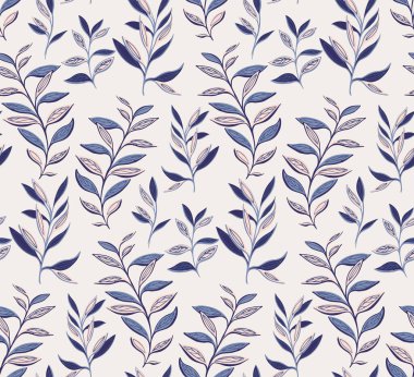 Seamless, creative, stylized stem leaves pattern on a light background. Vector hand drawn sketch. Modern, blue leaf branches print. Template for design, textile, fashion, fabric, wallpaper