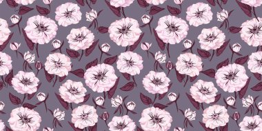 Seamless pattern with artistic graphic  Globe Flower, Trollius and leaves.  Light elegant floral on a grey background. Ranunculus, Dahlia, Trollius asiaticus flower.  Vector hand drawn. Template for design, textile, fashion, fabric, interior decor, w