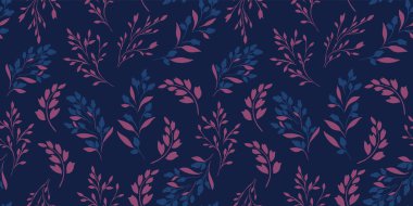  Seamless abstract creative gently floral leaf stems pattern. Vector hand drawn silhouettes shape tiny buds and branches leaves. Simple, retro, vintage black blue print.  Template for design, fashion, wallpaper, fabric, interior decor