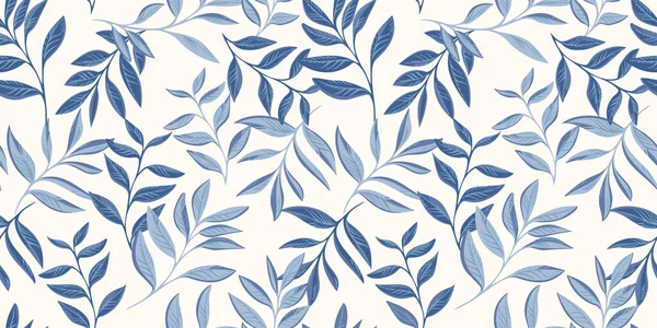 Vector hand drawn blue leaves stem intertwined in a seamless pattern. Abstract, creative, tropical shape leaf branches print. Template for design, textile, fashion, surface design, fabric, interior decor, wallpaper
