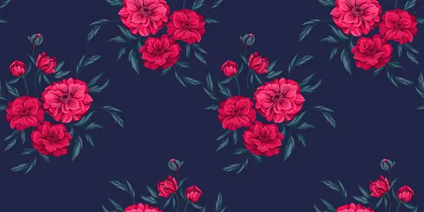 Seamless artistic pattern with bouquets graphic spring flower Globe, Trollius and  leaves. Blooming elegant  red floral print ona dark background. Vector hand drawn. Template for design, fashion, fabric