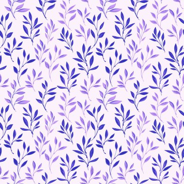 Zarif zarafet dalları pürüzsüz bırakır. Vektör el çizimi. Yaratıcı stil yaprak izi. Hafif arka planda mor mavi botanik çiçekleri. Moda, kumaş, duvar kağıdı için tasarım