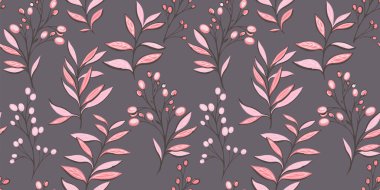 Seamless pattern with creative branches leaves, branches, berries. Vector hand drawn. Abstract stylized botanical stem floral and drops printing. Vector hand drawn. Design for fashion, fabric, textile